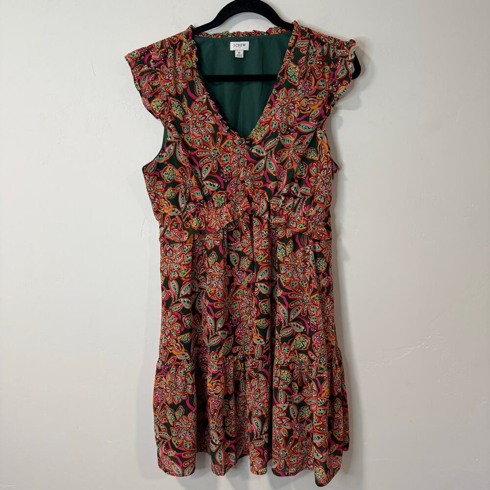 J Crew Womens Dress Ruffle V-neck Mini Pink Green Pattern Floral 12 Girly Flirty
